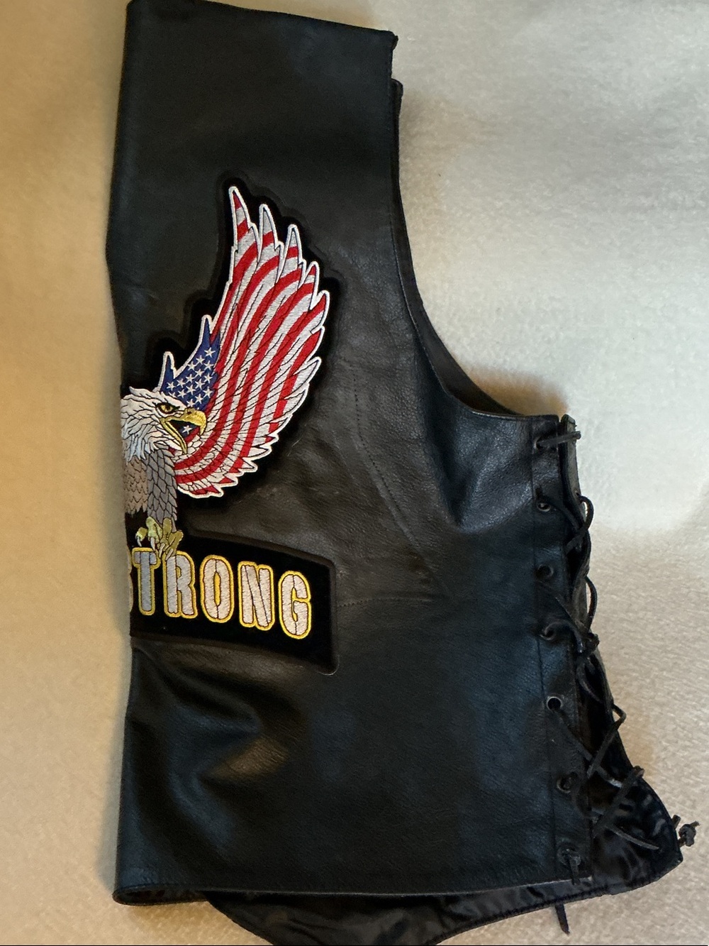 Black Faux-Leather Biker Vest with American Eagle Patch and 'STRONG' Embroidery